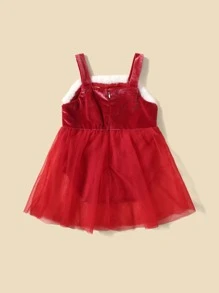 Baby 1pc Fuzzy Trim Velvet Party Dress - Red - View 5
