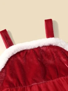 Baby 1pc Fuzzy Trim Velvet Party Dress - Red - View 3