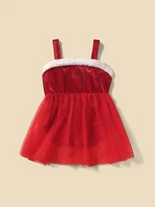 Baby 1pc Fuzzy Trim Velvet Party Dress - Red - View 1