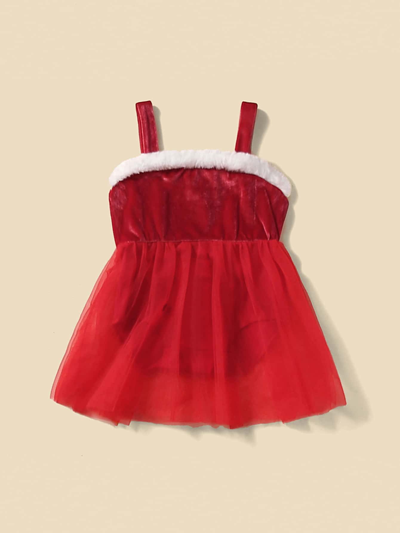 Baby 1pc Fuzzy Trim Velvet Party Dress - Red - View 1