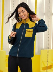 DOROTHEAA Two Tone Zip Up Flap Pocket Jacket - Multicolor - View 1