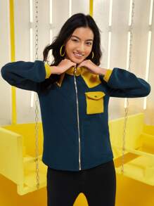 DOROTHEAA Two Tone Zip Up Flap Pocket Jacket - Multicolor - View 5