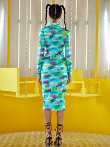 Colour Poetry 筆刷圖案小高領緊身連衣裙