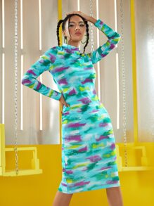 Colour Poetry 筆刷圖案小高領緊身連衣裙