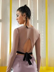 Valerie Hsin Floral Panel Colorblock Tie Back Crop Top - Multicolor - View 2