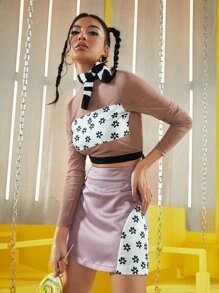 Valerie Hsin Floral Panel Colorblock Tie Back Crop Top - Multicolor - View 5