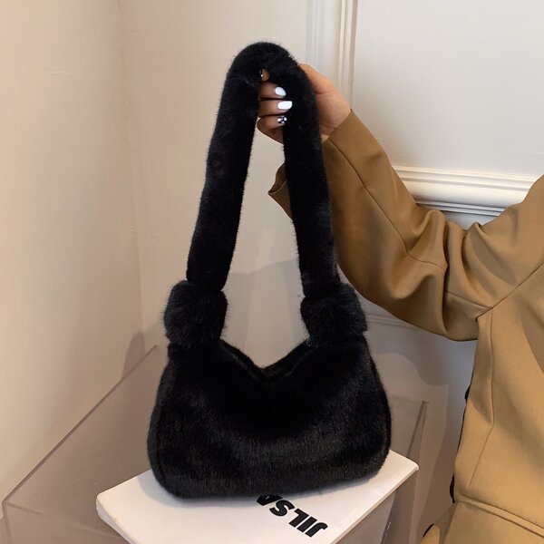 

Minimalist Knot Design Fluffy Shoulder Bag, Black