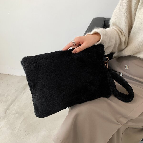 

Fluffy Zip Clutch Bag, Black