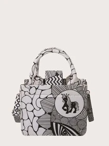 Bolso cartera con estampado de dibujos animados - Blanco y Negro - Ver 1