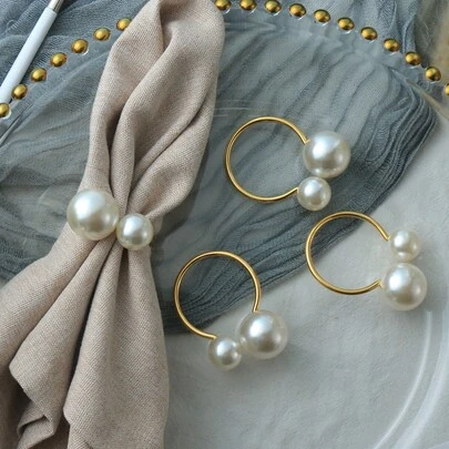 1-24pcs Premium Hotel & Restaurant Dining Table Decor Pearl Napkin Rings, Suitable For Wedding, Holiday Table Settings