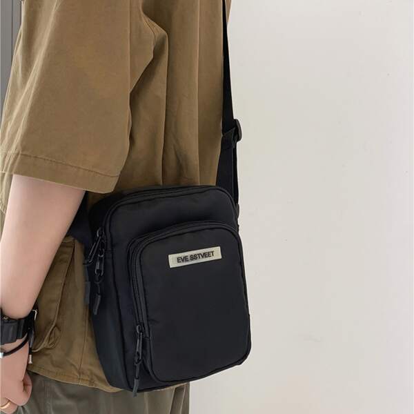 

Men Minimalist Letter Patch Square Bag, Black