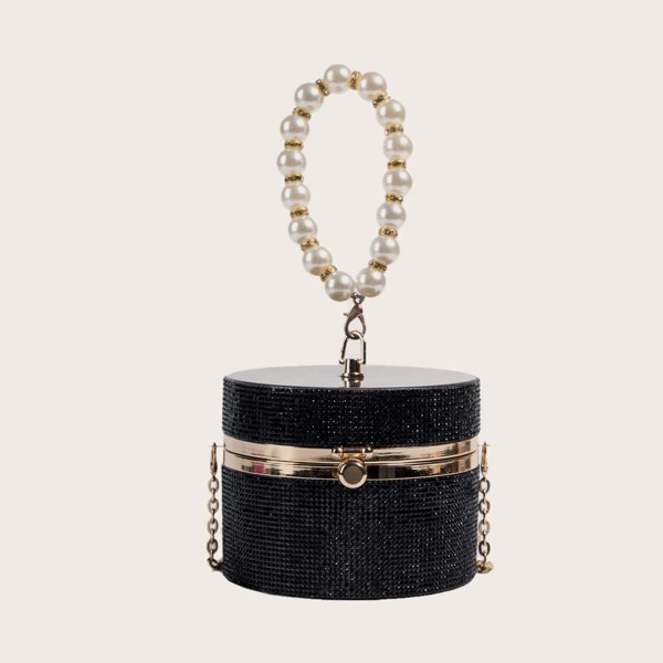 

Glitter Faux Pearl Decor Chain Bucket Bag, Black