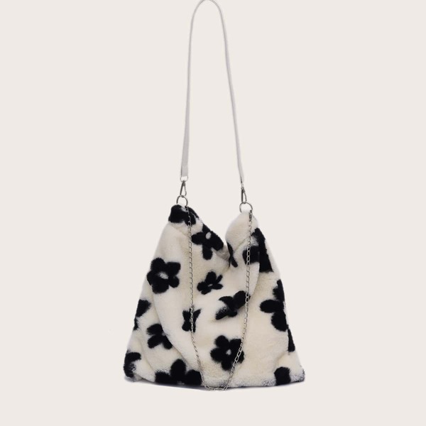 

Colorblock Flower Graphic Chain Fluffy Shoulder Bag, Black and white