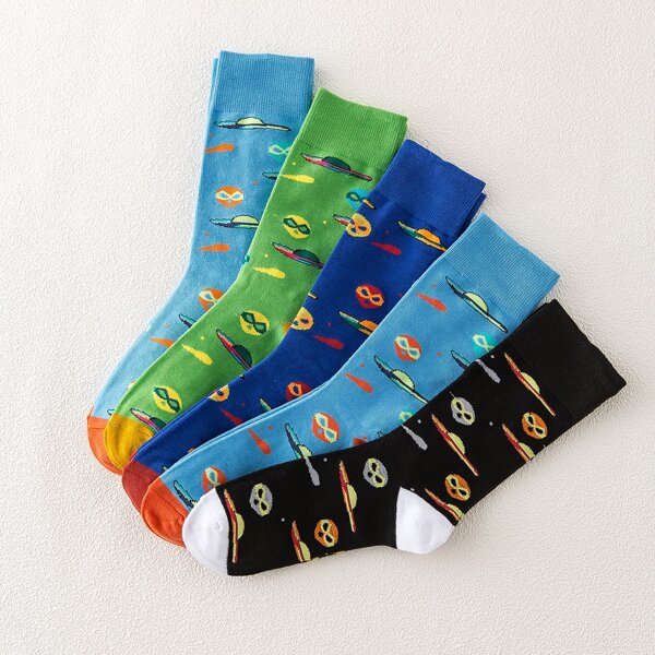 

5pairs Men Alien Pattern Socks, Multicolor