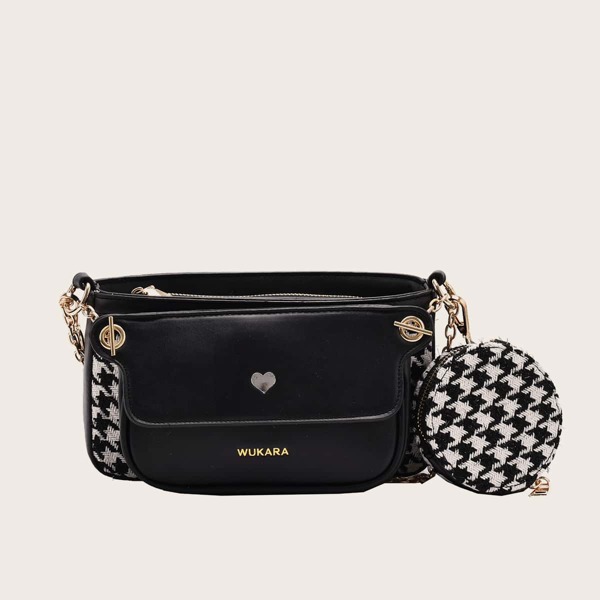 

Metal Decor Houndstooth Pattern Flap Square Bag, Black and white