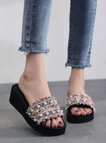 人造珍珠裝飾坡跟拖鞋 - 棕色 - 查看 6