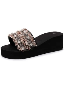 人造珍珠裝飾坡跟拖鞋 - 棕色 - 查看 3