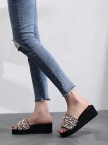 人造珍珠裝飾坡跟拖鞋 - 棕色 - 查看 5