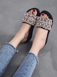 人造珍珠裝飾坡跟拖鞋 - 棕色 - 查看 2