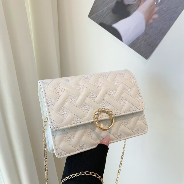 

Heart Embroidery Decor Chain Bag, White