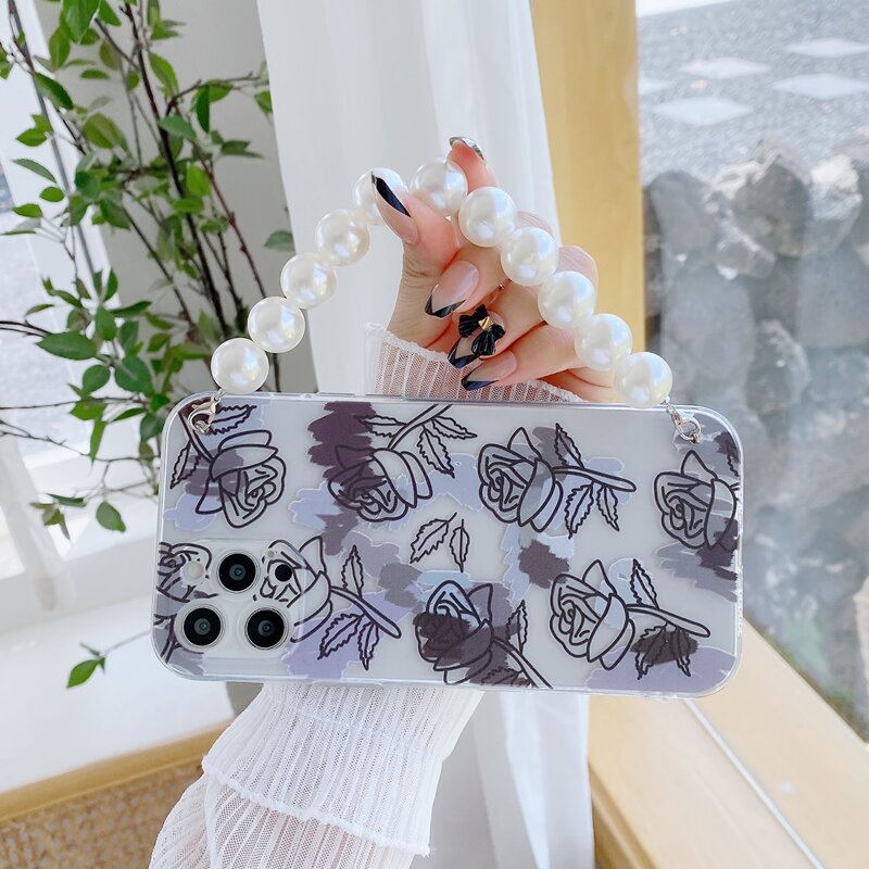 

Flower Pattern Phone Case With Faux Pearl Beaded Hand Strap, Multicolor