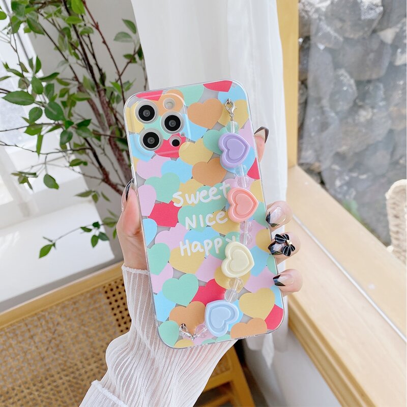 

Heart Pattern Phone Case With Heart Beaded Hand Strap, Multicolor