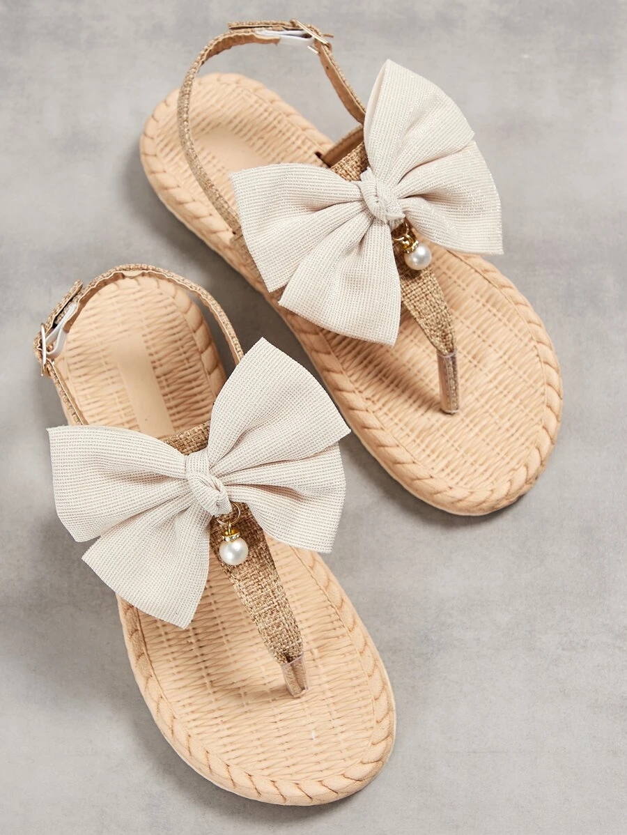 蝴蝶結裝飾平底涼鞋 - 卡其色 - 查看 1