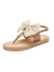 蝴蝶結裝飾平底涼鞋 - 卡其色 - 查看 4