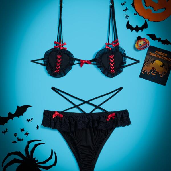 

Ruffle Trim Bow Decor Costume Set, Black