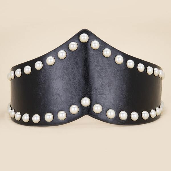 

Faux Pearl Decor Corset Belt, Black