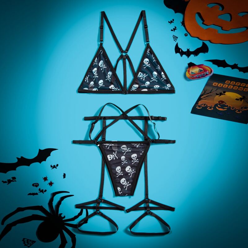 

3pack Skeleton Print Garter Lingerie Set, Black