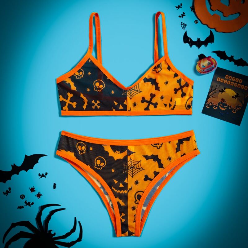 

Halloween Pattern Contrast Binding Lingerie Set, Orange