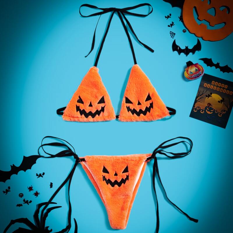 

Halloween Pumpkin Pattern Triangle Lingerie Set, Orange
