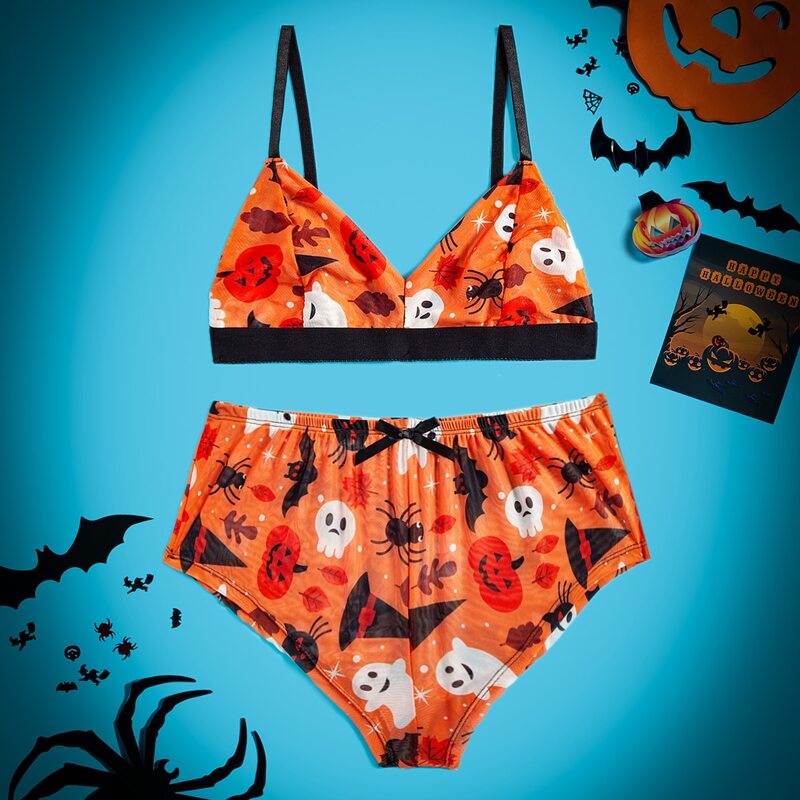 

Halloween Pattern Shortie Lingerie Set, Orange