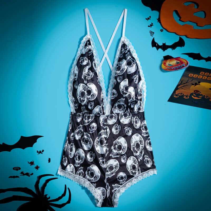 

Halloween Skull Print Lace Trim Satin Romper Bodysuit, Black