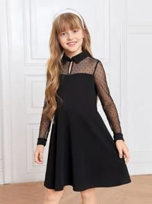 SHEIN Niñas Vestido panel con encaje - Negro - Ver 1