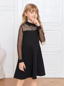 SHEIN Niñas Vestido panel con encaje - Negro - Ver 3