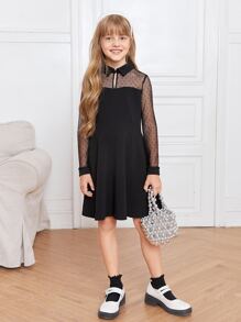 SHEIN Niñas Vestido panel con encaje - Negro - Ver 4