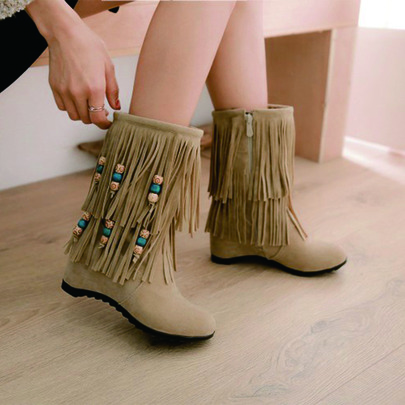 Fringe & Beaded Decor Wedge Boots