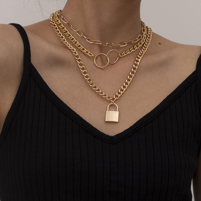 

3pcs Lock Decor Chain Necklace, Gold