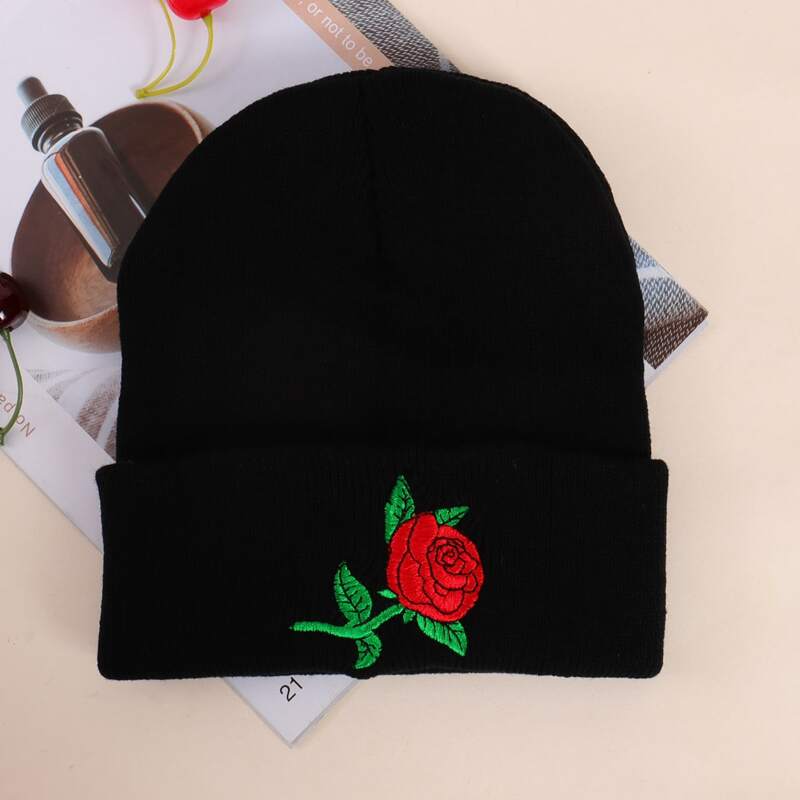 

Floral Embroidery Knit Beanie, Black