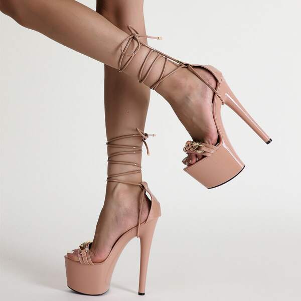

Chain Decor Ultra Heeled Gladiator Sandals, Apricot