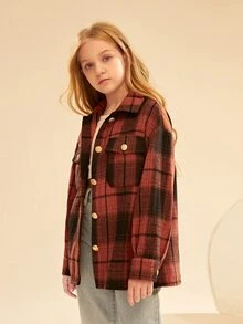 SHEIN Girls Tartan Print Drop Shoulder Tweed Overcoat - Multicolor - View 2