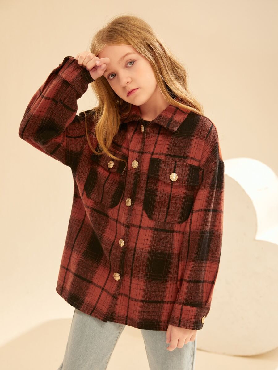 SHEIN Girls Tartan Print Drop Shoulder Tweed Overcoat - Multicolor - View 1
