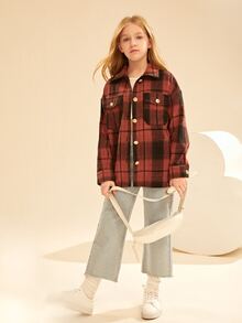 SHEIN Girls Tartan Print Drop Shoulder Tweed Overcoat - Multicolor - View 4