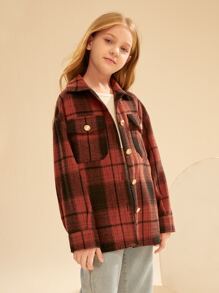 SHEIN Girls Tartan Print Drop Shoulder Tweed Overcoat - Multicolor - View 5