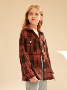 SHEIN Girls Tartan Print Drop Shoulder Tweed Overcoat - Multicolor - View 6