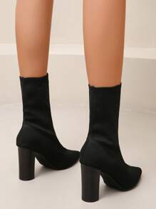 Botas negras de tacón grueso con estiramiento de moda minimalista para señoras, a juego con corset - Negro - Ver 2