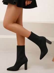 Botas negras de tacón grueso con estiramiento de moda minimalista para señoras, a juego con corset - Negro - Ver 4
