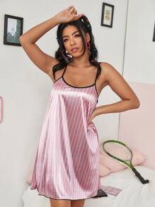Vestido de pijama de camisola a rayas para tallas grandes - Rosa - Ver 1